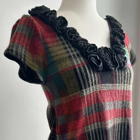 Yumi Multicolour Plaid Wool Blend Knit Tunic Dress with Rosette Neckline – US S - Picture 1 of 13